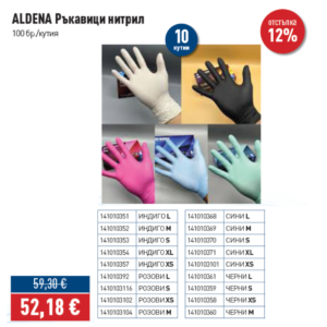 ПРОМО - 10 кутии х 100 бр. ALDENA Ръкавици нитрил МИНУС 12% ОТСТЪПКА